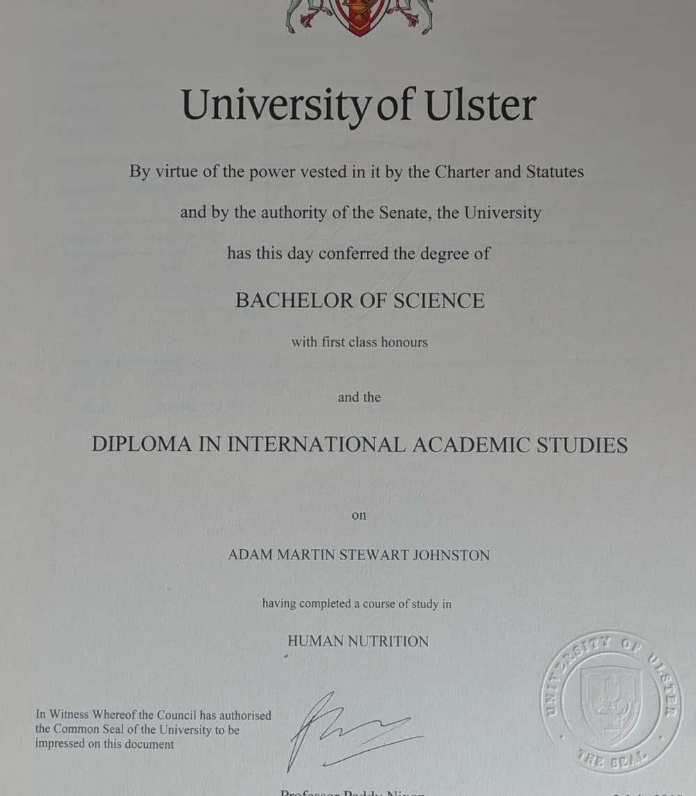 Adam's Bachelor of Science certificate from the University of Ulster