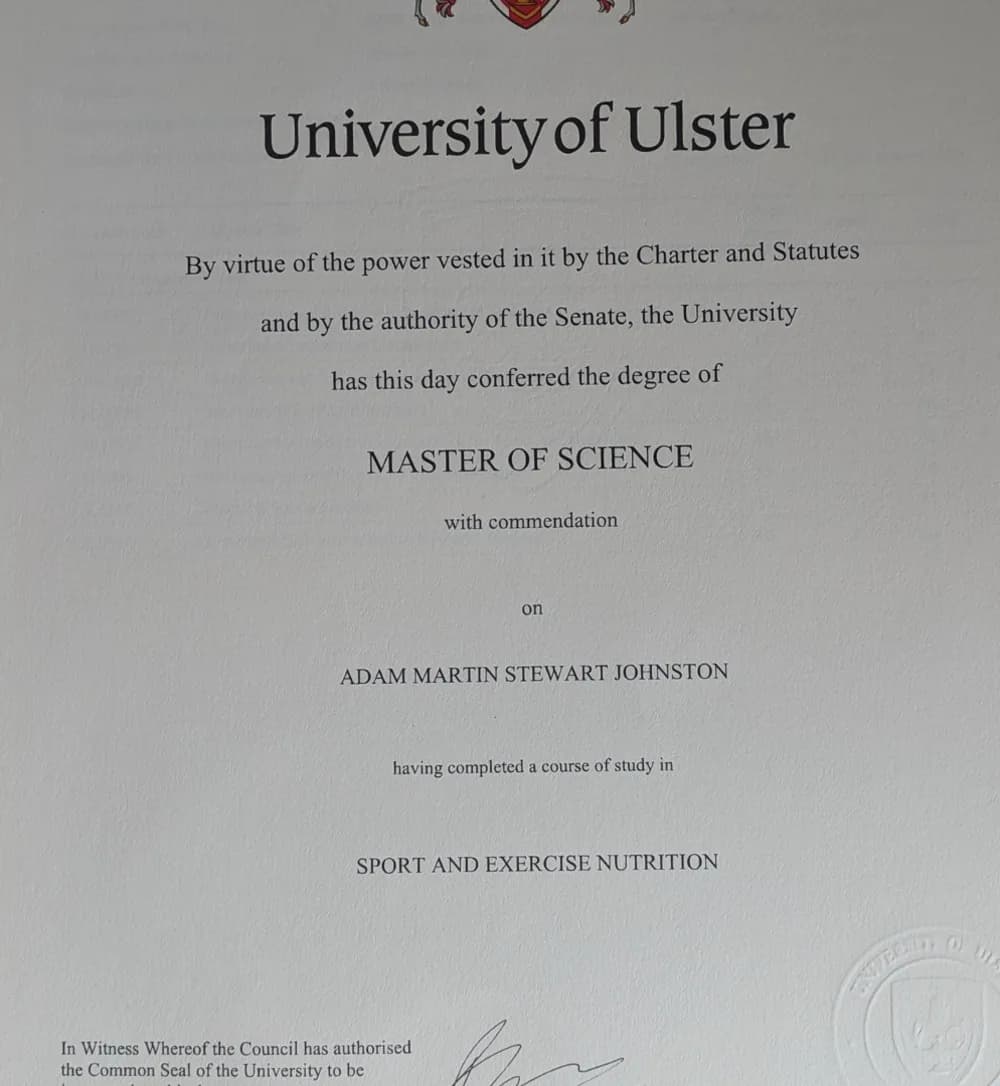 Adam's Master of Science certificate from the University of Ulster